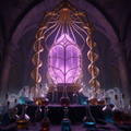 Glowing purple crystal vault with gold filigree surrounded by mystical mist and potion bottles