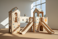 Modular wooden toy playground with minimalist aesthetic and natural sunlight
