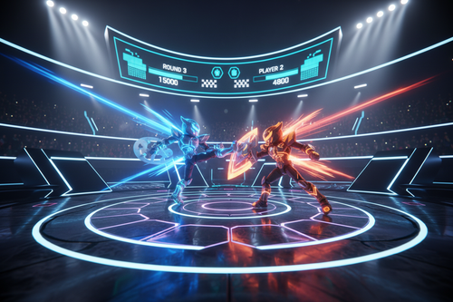 Low-angle shot of glowing neon Akedo battle arena with figures clashing, LED scoreboard and stadium lighting