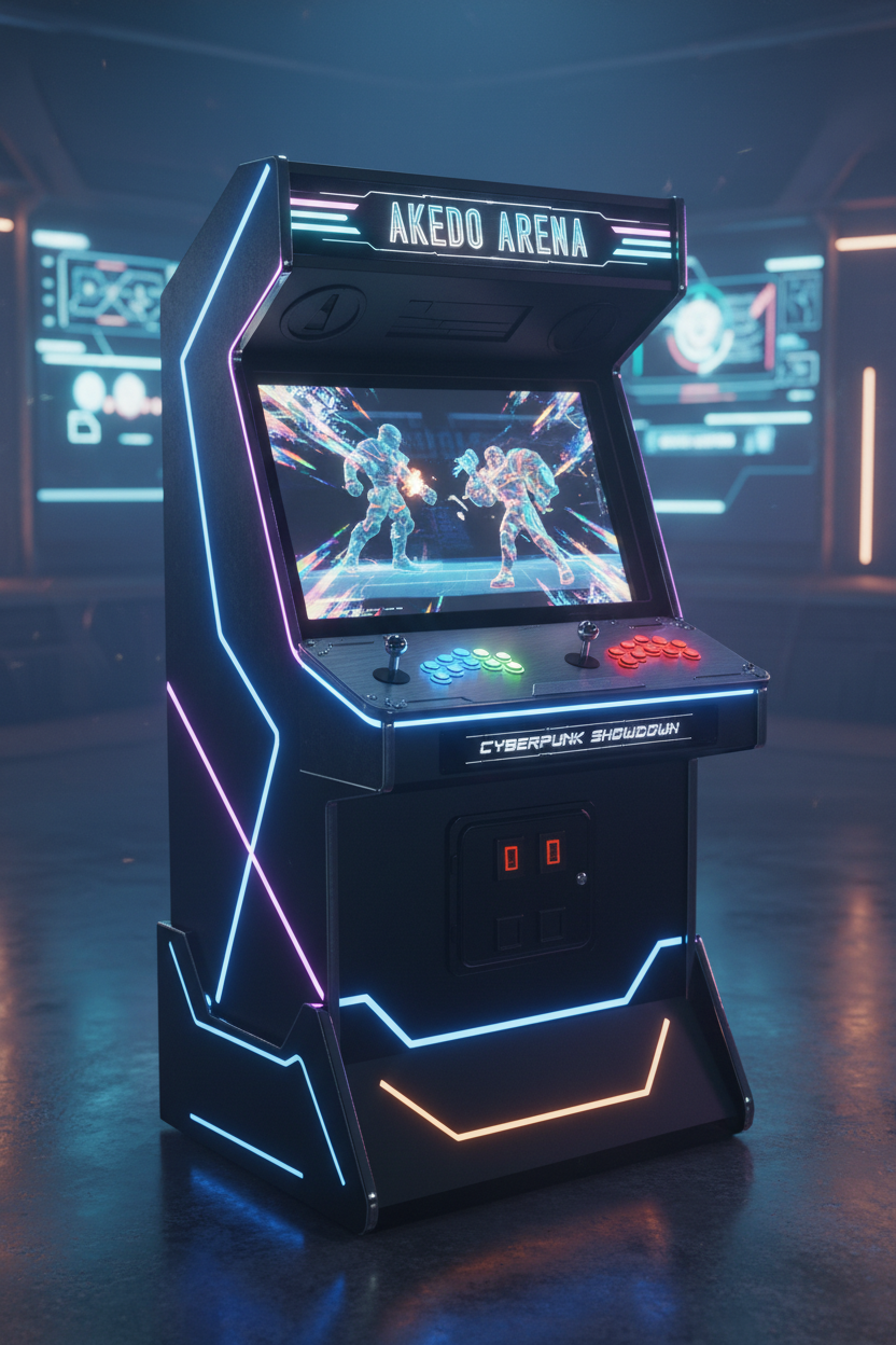 Sleek neon-lit Akedo arcade cabinet with holographic 3D effects, cyberpunk aesthetic, Sanwa buttons and steel chassis
