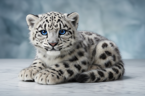 Lifelike animatronic snow leopard cub with piercing blue crystalline eyes resting on white marble, cinematic studio lighting