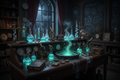 Dark mahogany children's laboratory workstation with glowing potion vials and swirling mist, Victorian aesthetic