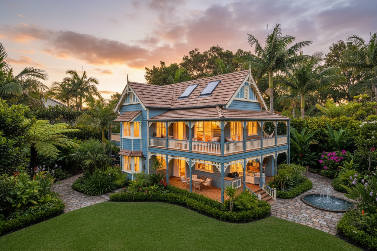 1:2 scale Queenslander-style Bluey Heeler house in manicured garden at sunset with real shingle roof and glowing windows