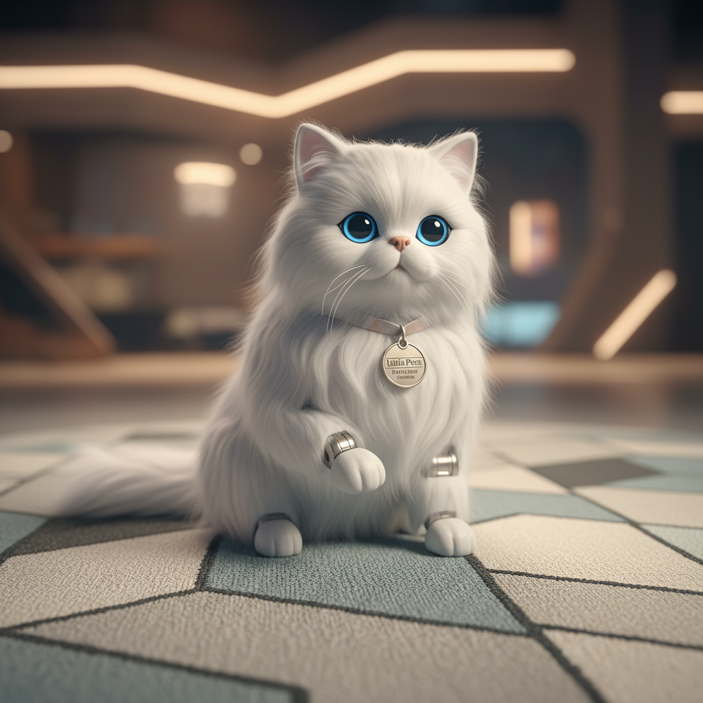 Realistic white Persian cat robotic toy with glowing soulful eyes on a designer rug, soft focus studio photography