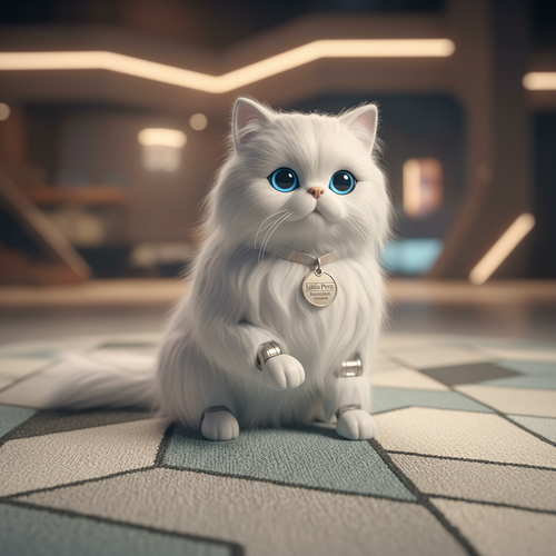 Realistic white Persian cat robotic toy with glowing soulful eyes on a designer rug, soft focus studio photography