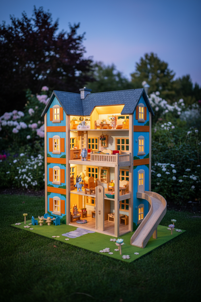 Four-foot vibrant wooden Bluey Heeler house dollhouse with glowing windows at twilight, hyper-realistic Baltic Birch