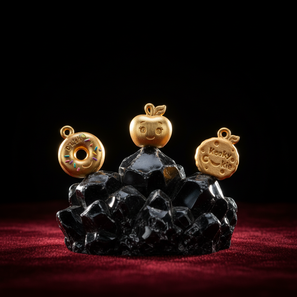 Three 18K gold miniature Shopkins characters on black obsidian with dramatic rim lighting, luxury macro photography