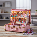 Pastel pink vintage-style trunk opened to reveal a miniature three-story Parisian boutique interior