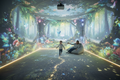 Bedroom transformed by floor-to-ceiling 3D projections of a whimsical magical forest with soft floor lighting and light trails