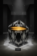 Black obsidian sarcophagus with meteorite inlays half-opened with golden glow and smoke, dramatic museum lighting