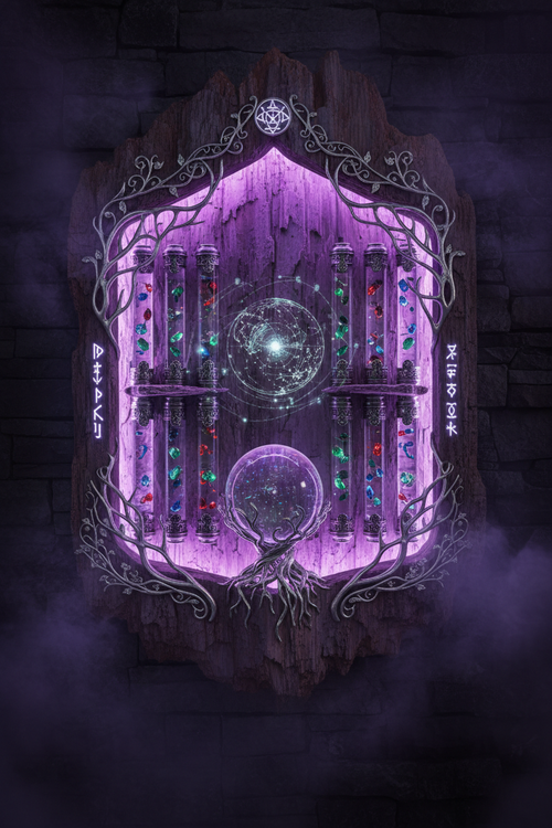 Petrified wood wall-mounted cabinet glowing with violet light, silver filigree, 12 gemstone vials and central crystal ball