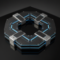 Carbon fiber and titanium Akedo battle arena with cold-blue LED strips on black glass table, hyper-modern industrial aesthetic